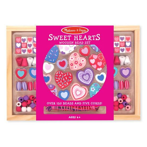 Melissa & Doug Sweet Hearts Wooden Bead Set With 120 Beads and 5 Cords for Jewelry-Making 4175 